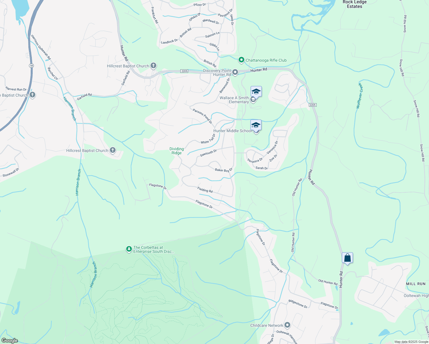 map of restaurants, bars, coffee shops, grocery stores, and more near 9954 Baker Boy Drive in Ooltewah