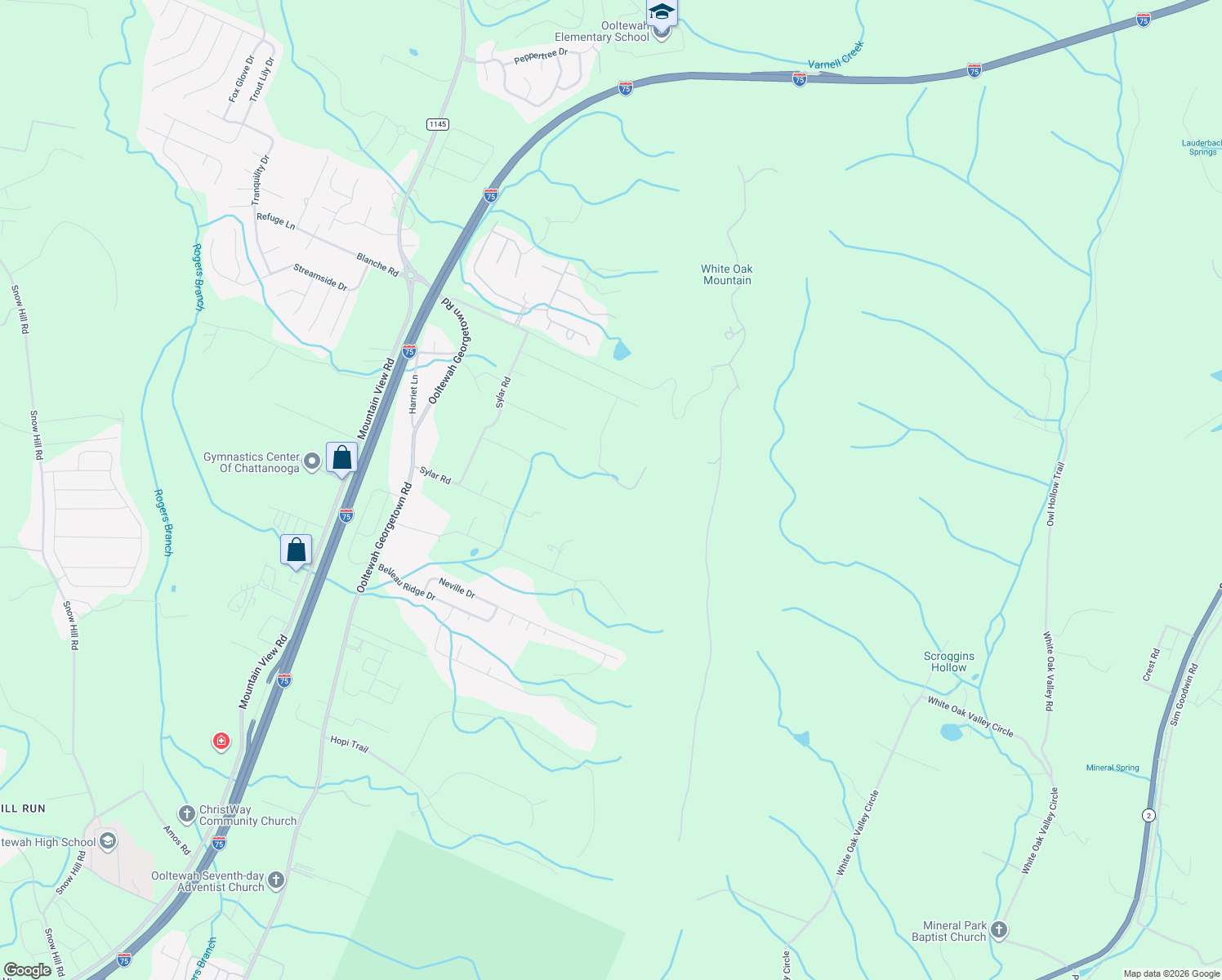 map of restaurants, bars, coffee shops, grocery stores, and more near 7035 Forest Spring Lane in Ooltewah