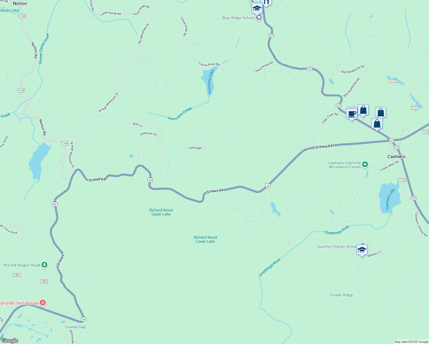 map of restaurants, bars, coffee shops, grocery stores, and more near 107 Cliffridge in Cashiers