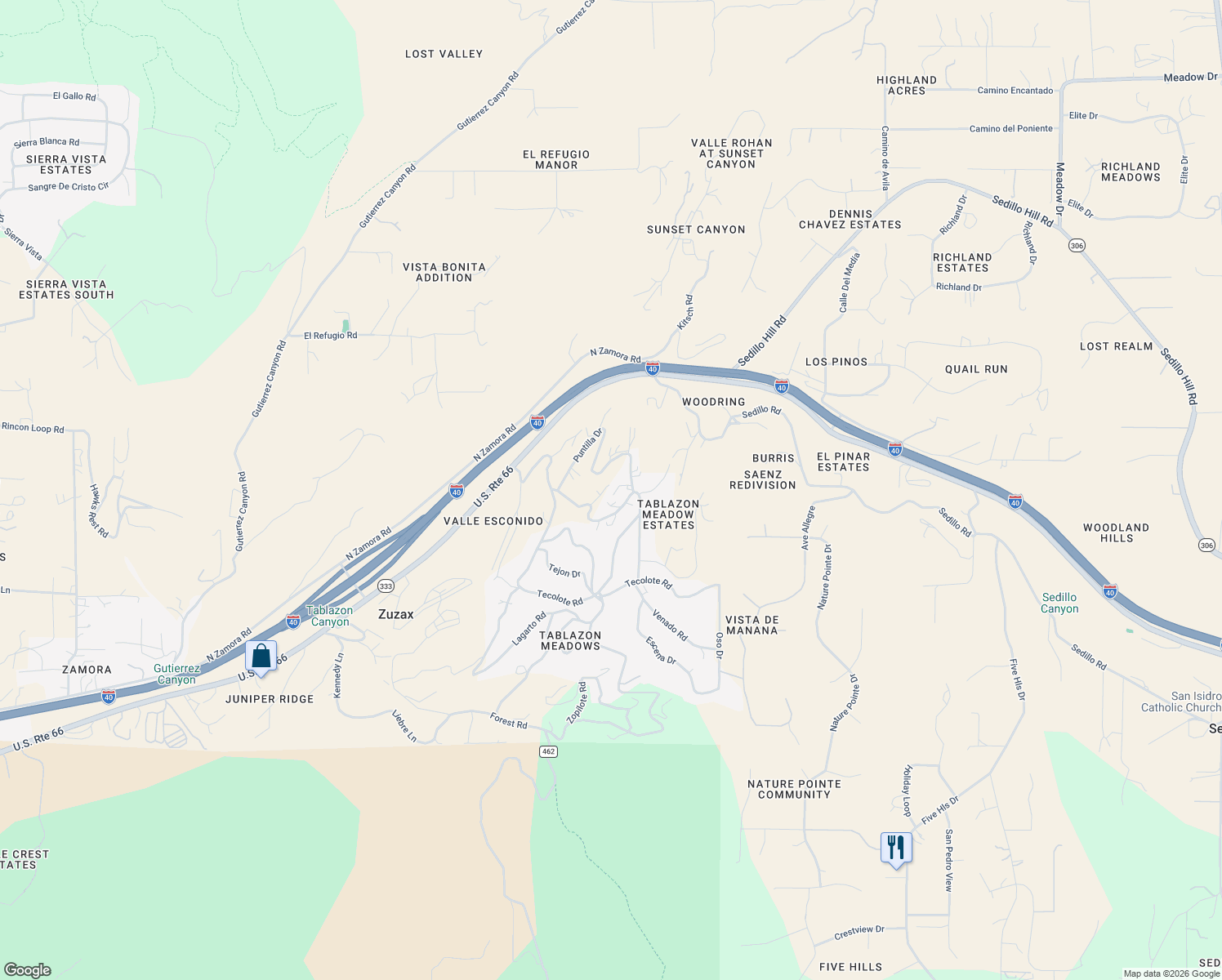 map of restaurants, bars, coffee shops, grocery stores, and more near 3 Puntilla Drive in Tijeras