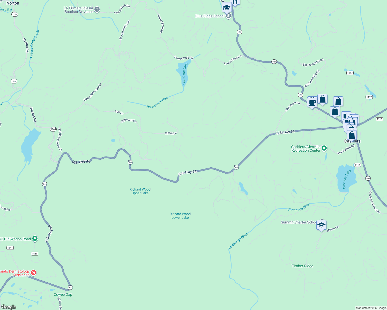 map of restaurants, bars, coffee shops, grocery stores, and more near 260 Cliffridge in Cashiers