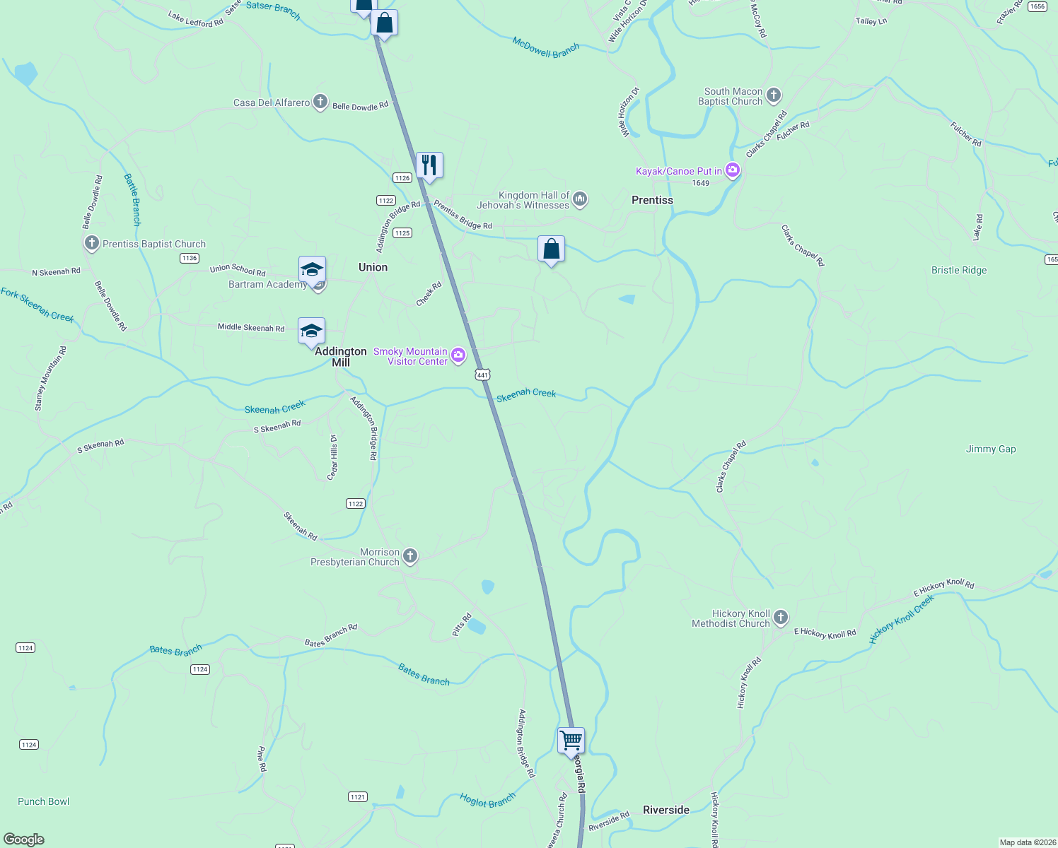 map of restaurants, bars, coffee shops, grocery stores, and more near 4692 Georgia Road in Franklin