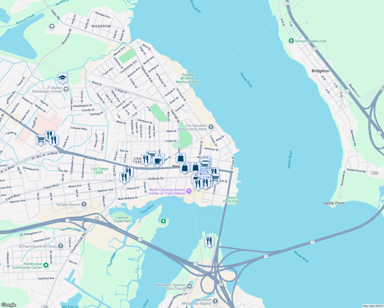 map of restaurants, bars, coffee shops, grocery stores, and more near 508 Metcalf Street in New Bern
