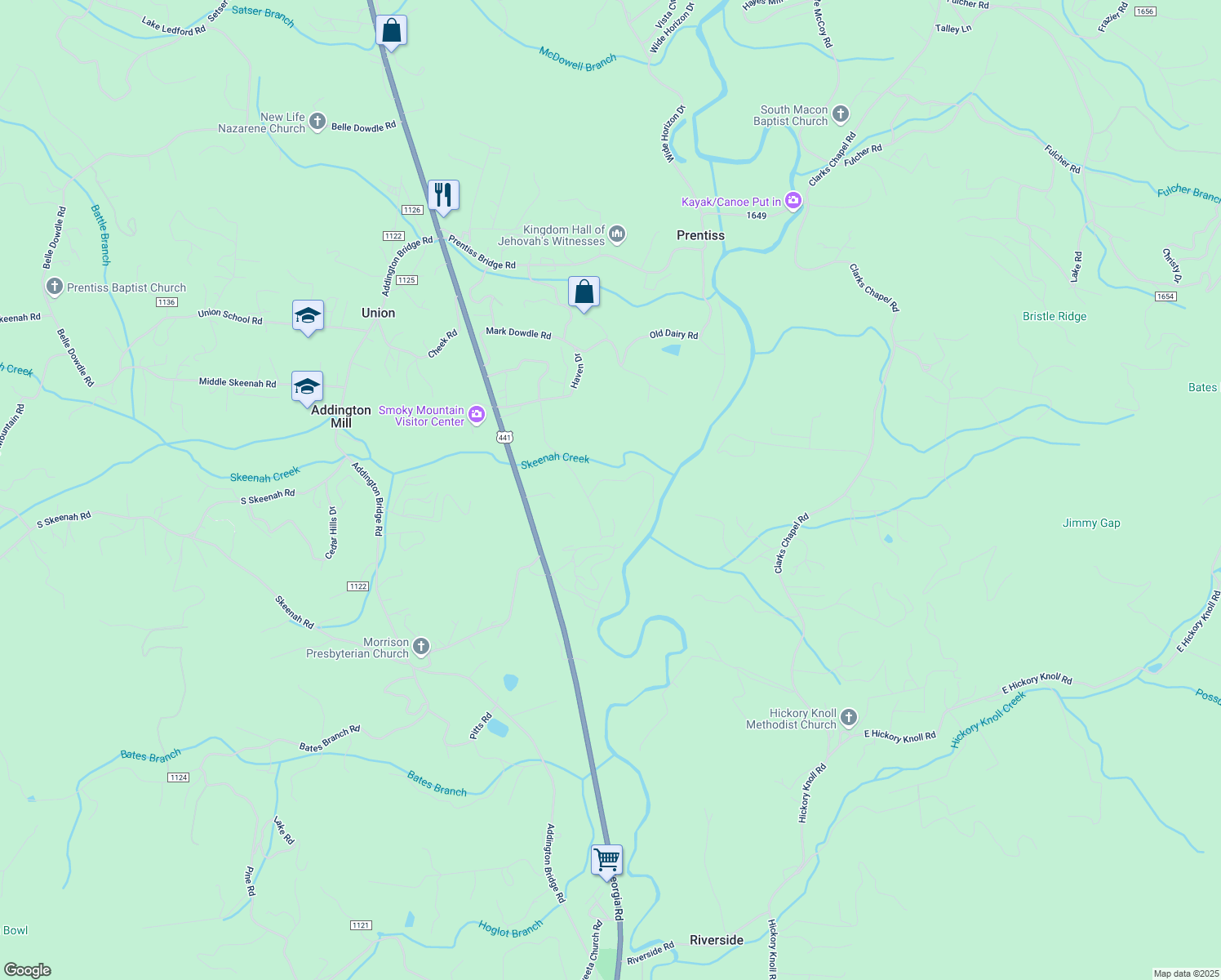 map of restaurants, bars, coffee shops, grocery stores, and more near 87 Sam McClure Road in Franklin