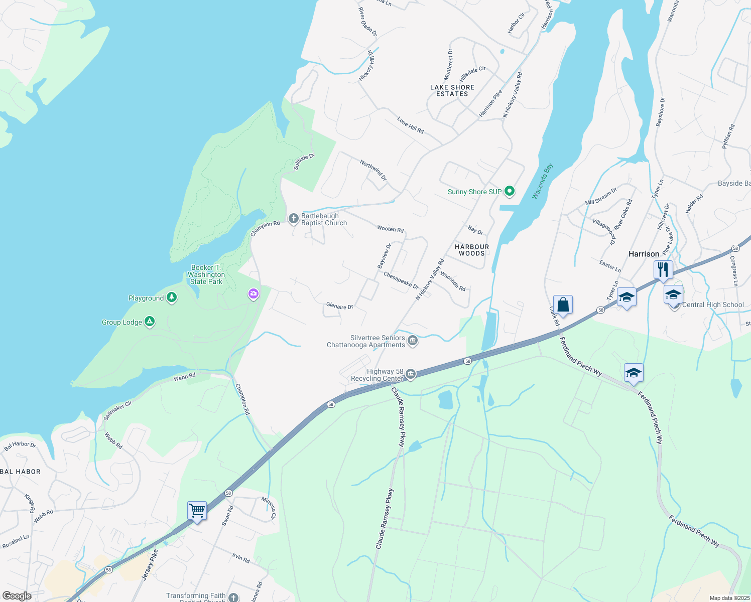map of restaurants, bars, coffee shops, grocery stores, and more near 8834 Lake Crest Circle in Chattanooga