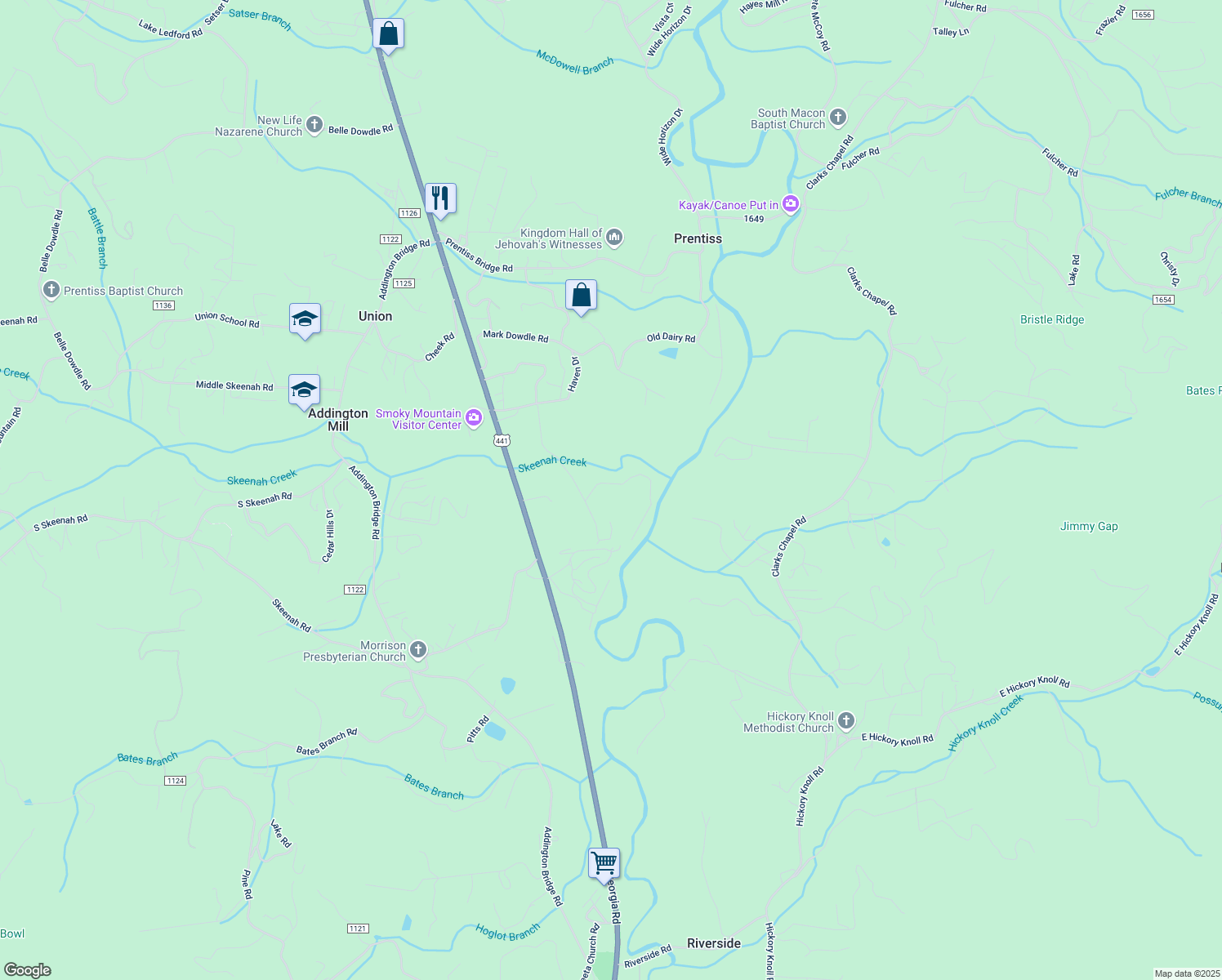 map of restaurants, bars, coffee shops, grocery stores, and more near 87 Sam McClure Road in Franklin
