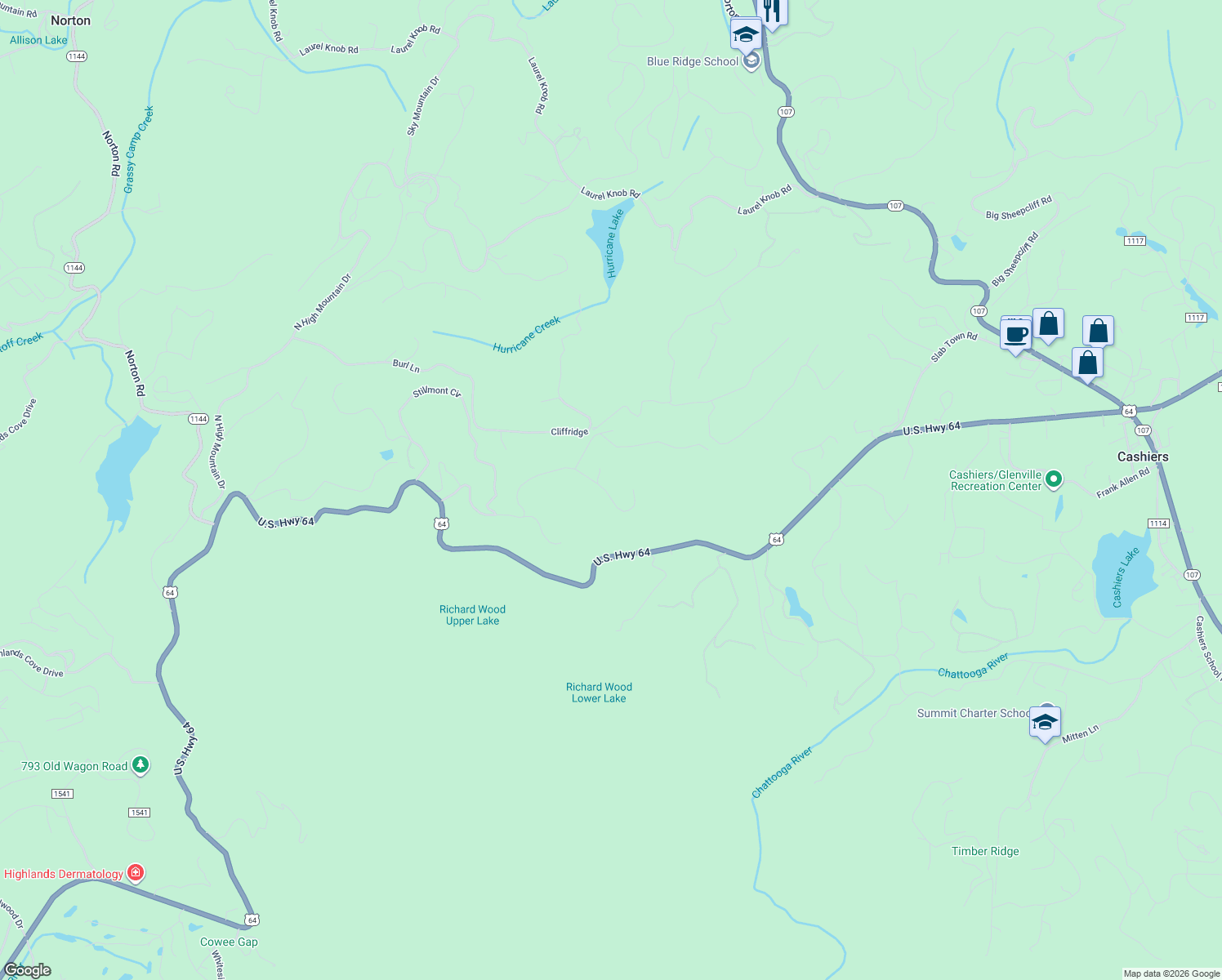 map of restaurants, bars, coffee shops, grocery stores, and more near 107 Cliffridge in Cashiers