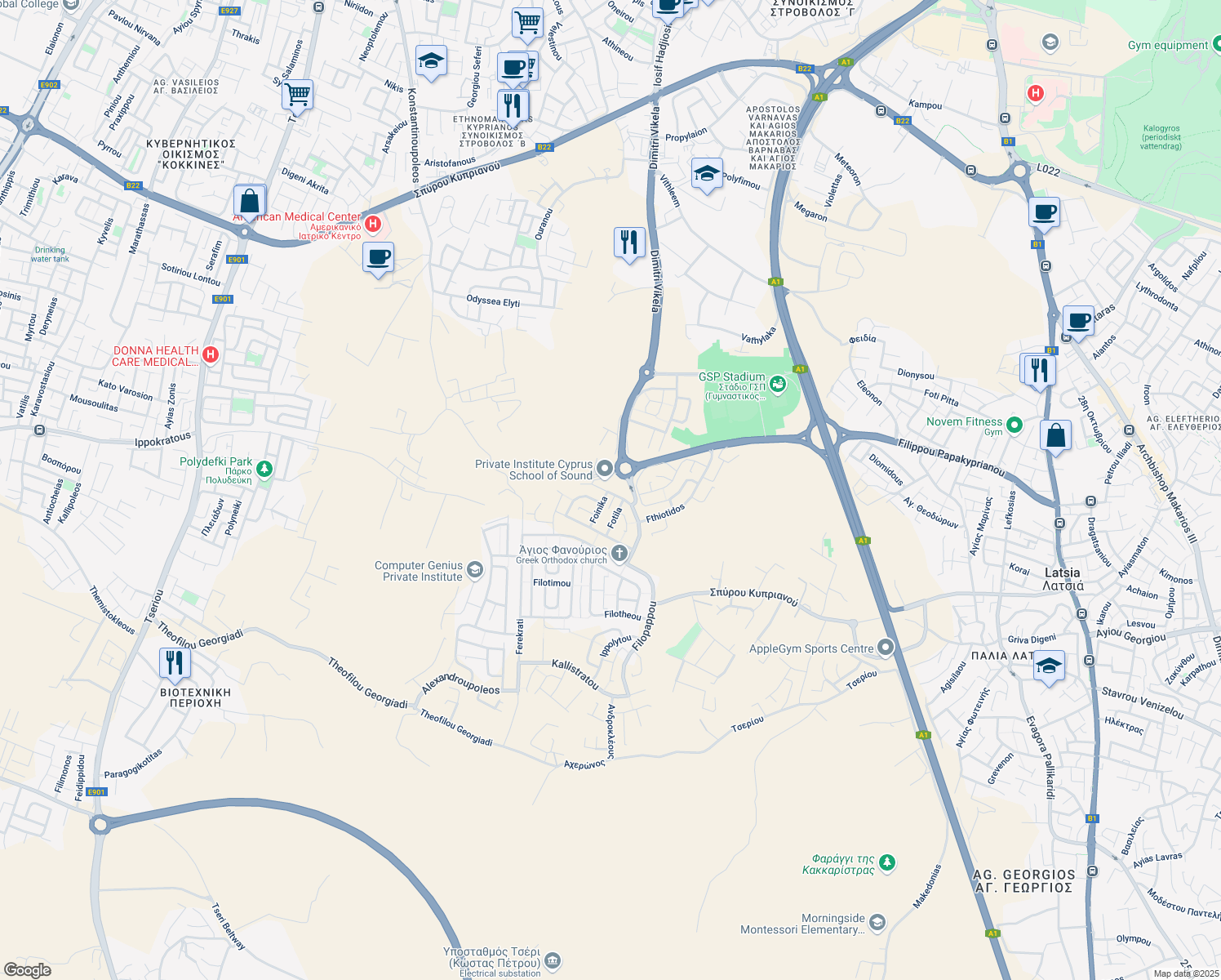 map of restaurants, bars, coffee shops, grocery stores, and more near 10 Fanariou in Strovolos