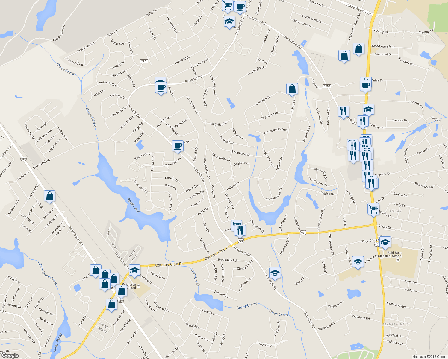 map of restaurants, bars, coffee shops, grocery stores, and more near 716 Packard Pl in Fayetteville