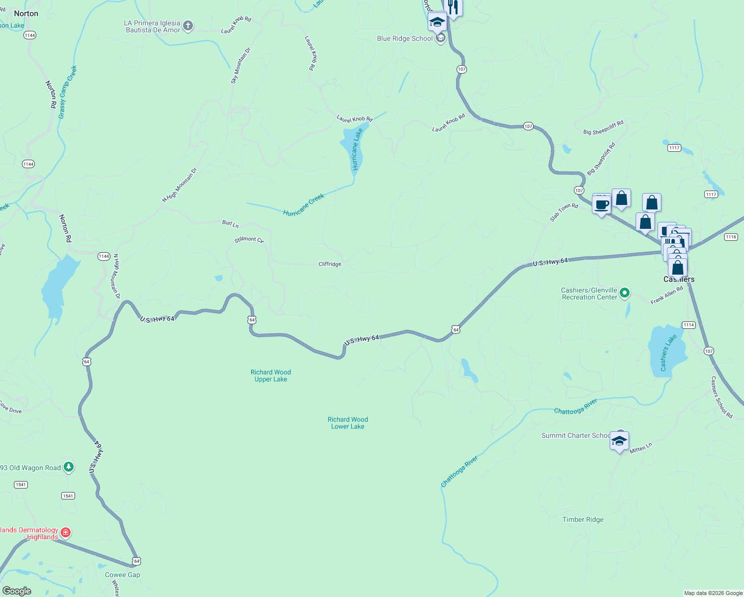 map of restaurants, bars, coffee shops, grocery stores, and more near 260 Cliffridge in Cashiers