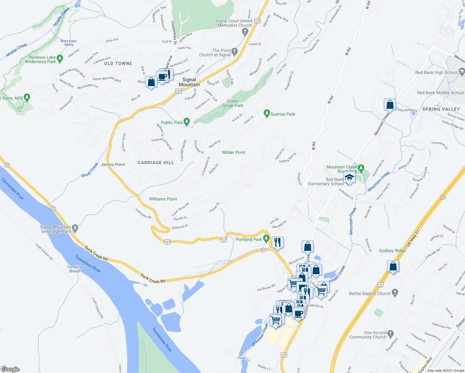 map of restaurants, bars, coffee shops, grocery stores, and more near 1221 Sunset Drive in Signal Mountain