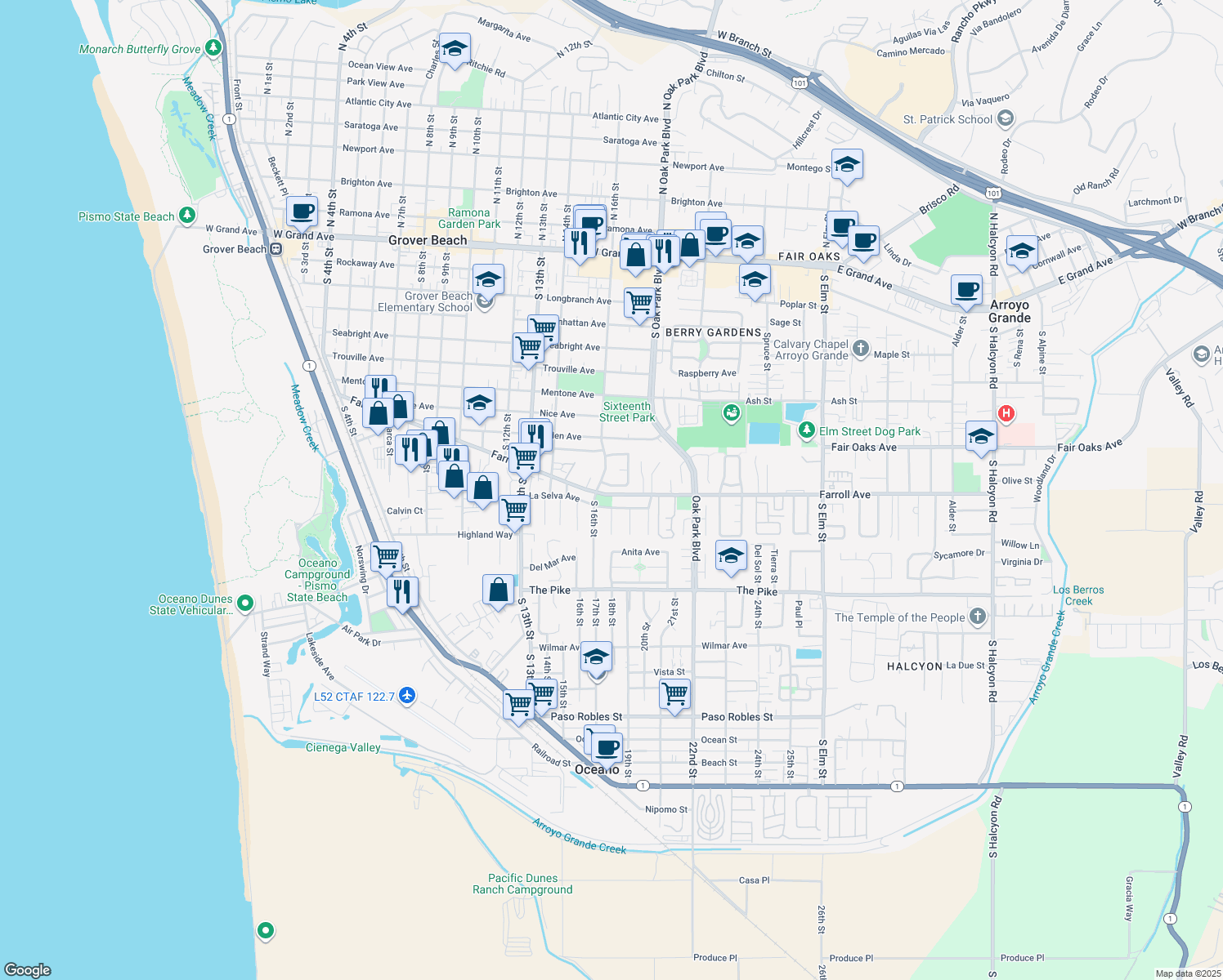 map of restaurants, bars, coffee shops, grocery stores, and more near 1626 Monterey Avenue in Grover Beach