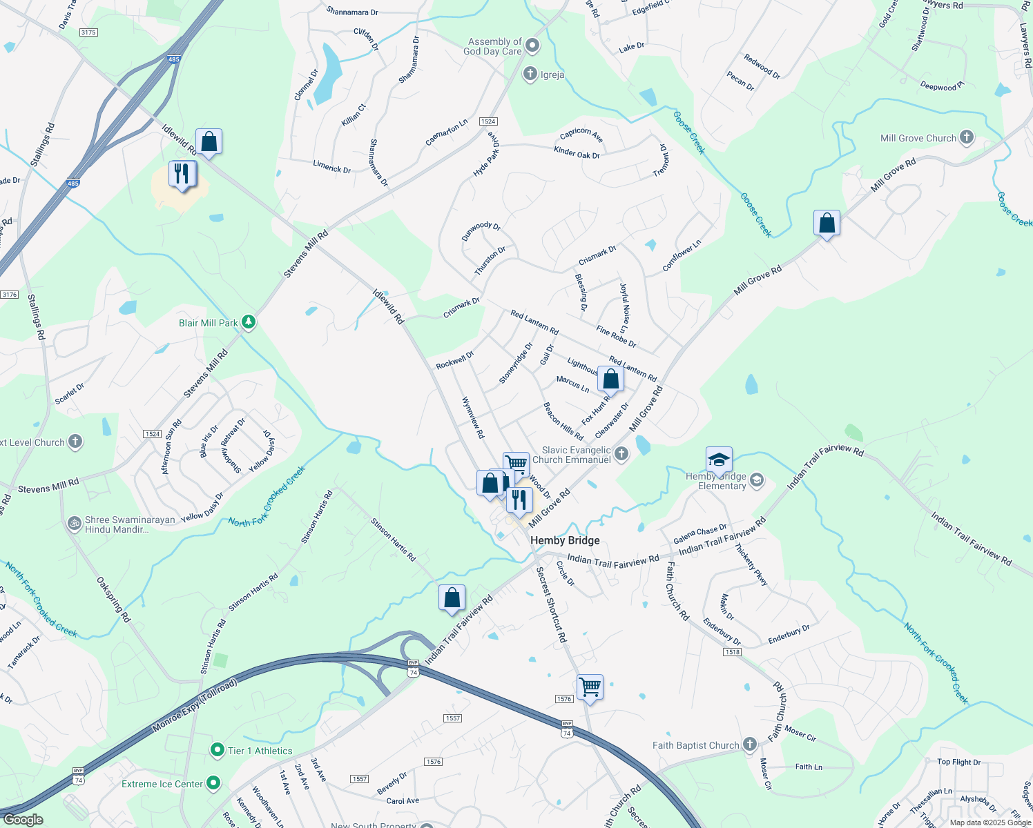 map of restaurants, bars, coffee shops, grocery stores, and more near 6201 Wildflower Place in Indian Trail