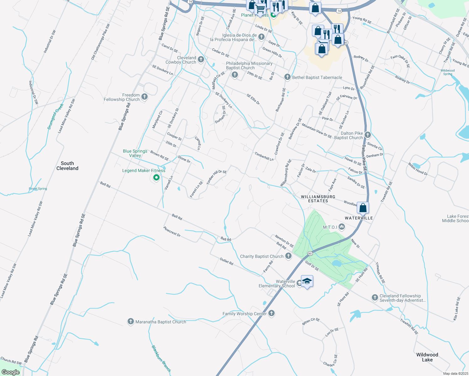 map of restaurants, bars, coffee shops, grocery stores, and more near 3560 Buchanan Road Southeast in Cleveland
