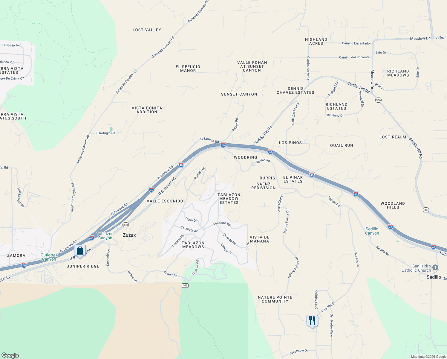 map of restaurants, bars, coffee shops, grocery stores, and more near 5 Tablazon Court in Tijeras
