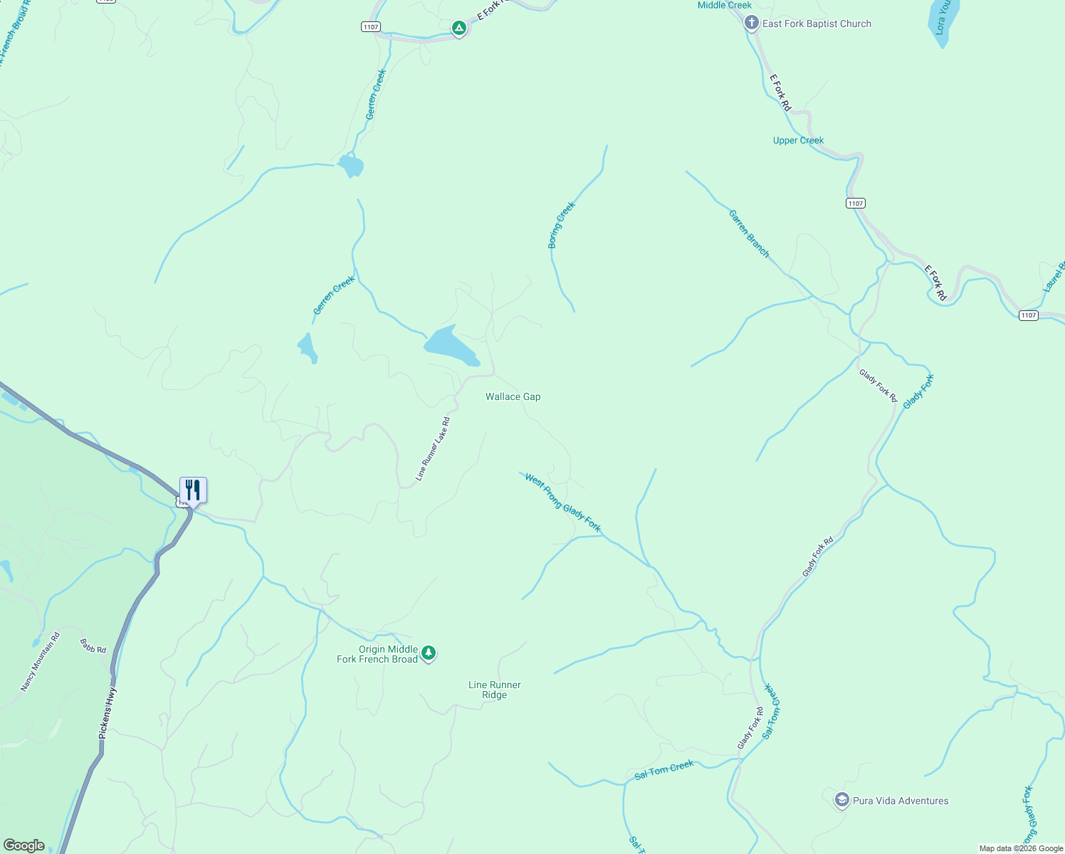 map of restaurants, bars, coffee shops, grocery stores, and more near 251 Willow Lane in Rosman