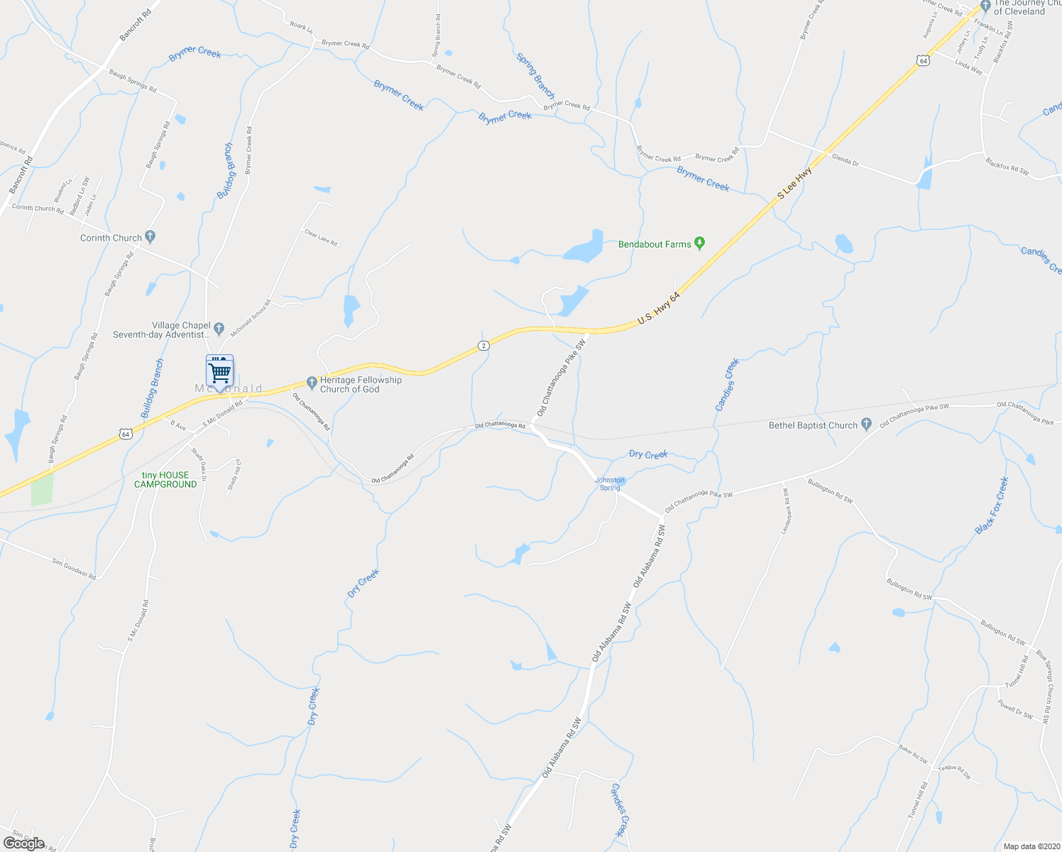 map of restaurants, bars, coffee shops, grocery stores, and more near 1705 Old Chattanooga Road in McDonald