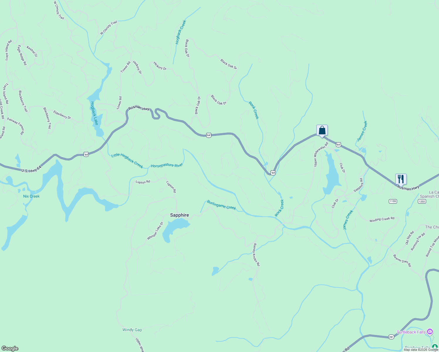 map of restaurants, bars, coffee shops, grocery stores, and more near 204 Rhododendron Court in Sapphire