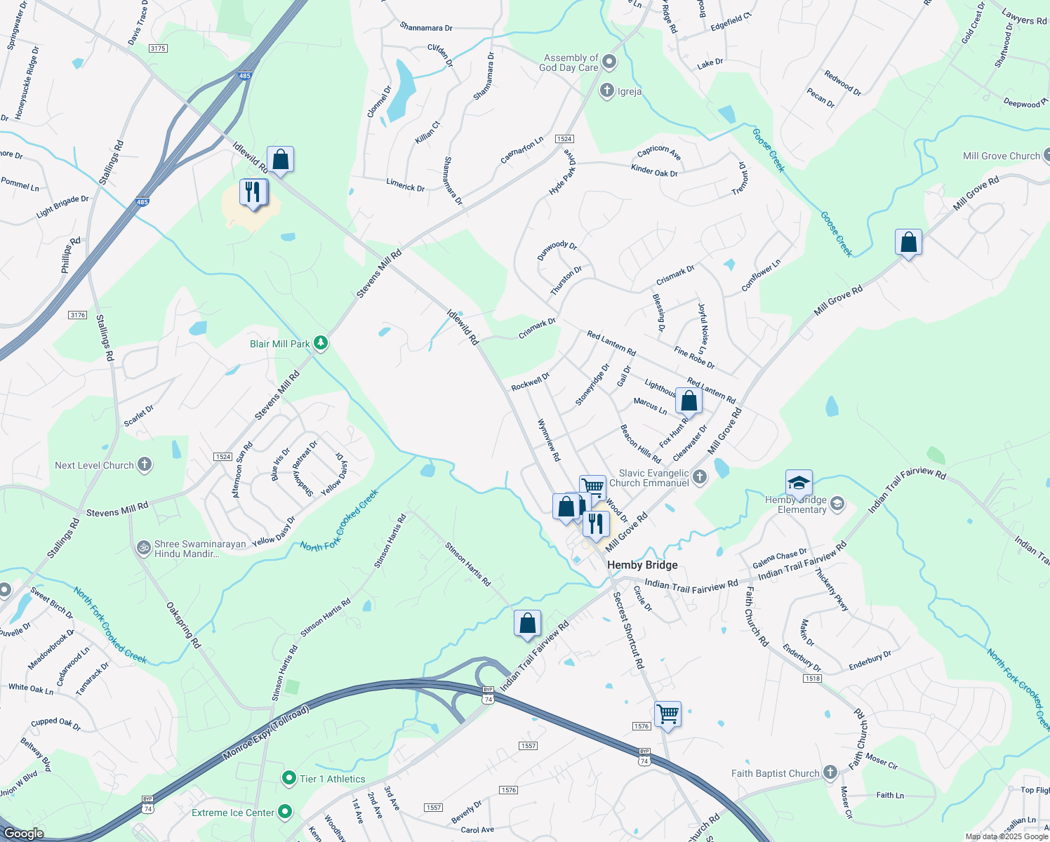 map of restaurants, bars, coffee shops, grocery stores, and more near 8210 Idlewild Road in Indian Trail