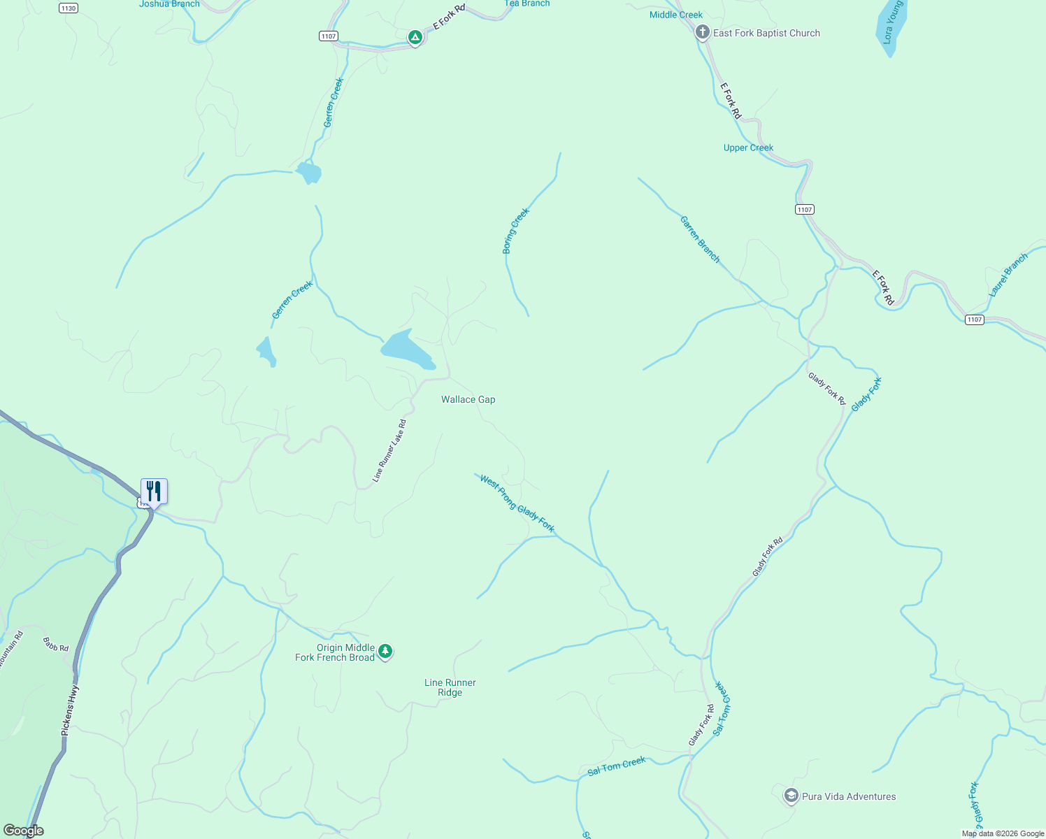 map of restaurants, bars, coffee shops, grocery stores, and more near 251 Willow Lane in Rosman