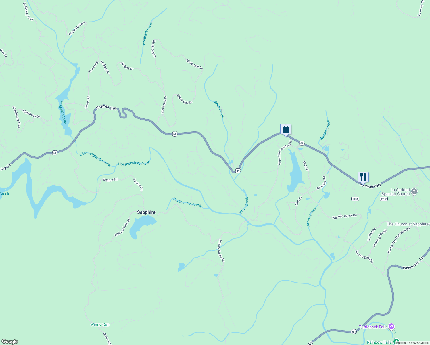 map of restaurants, bars, coffee shops, grocery stores, and more near 869 Boiling Springs Road in Sapphire