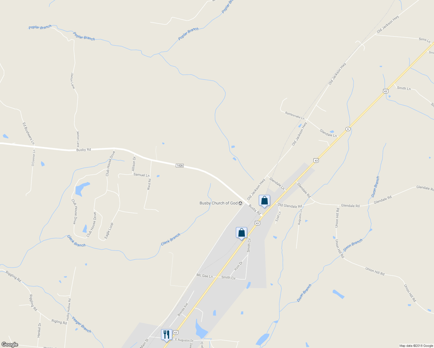 map of restaurants, bars, coffee shops, grocery stores, and more near 50 Busby Rd in Loretto