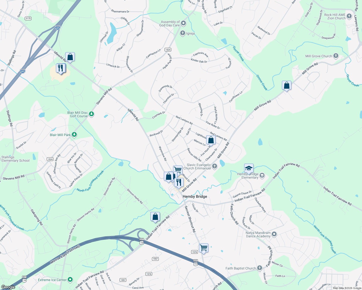 map of restaurants, bars, coffee shops, grocery stores, and more near 6112 Bridle Trail in Indian Trail