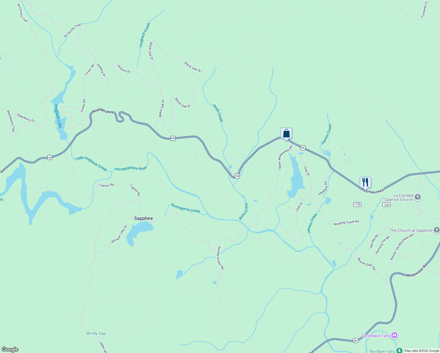 map of restaurants, bars, coffee shops, grocery stores, and more near 869 Boiling Springs Road in Sapphire
