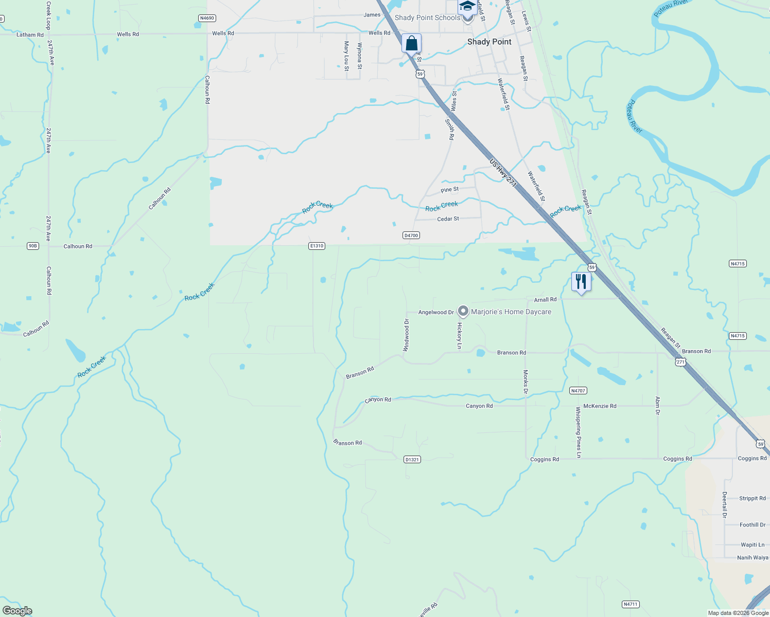 map of restaurants, bars, coffee shops, grocery stores, and more near 28296 Sluggo Lane in Poteau