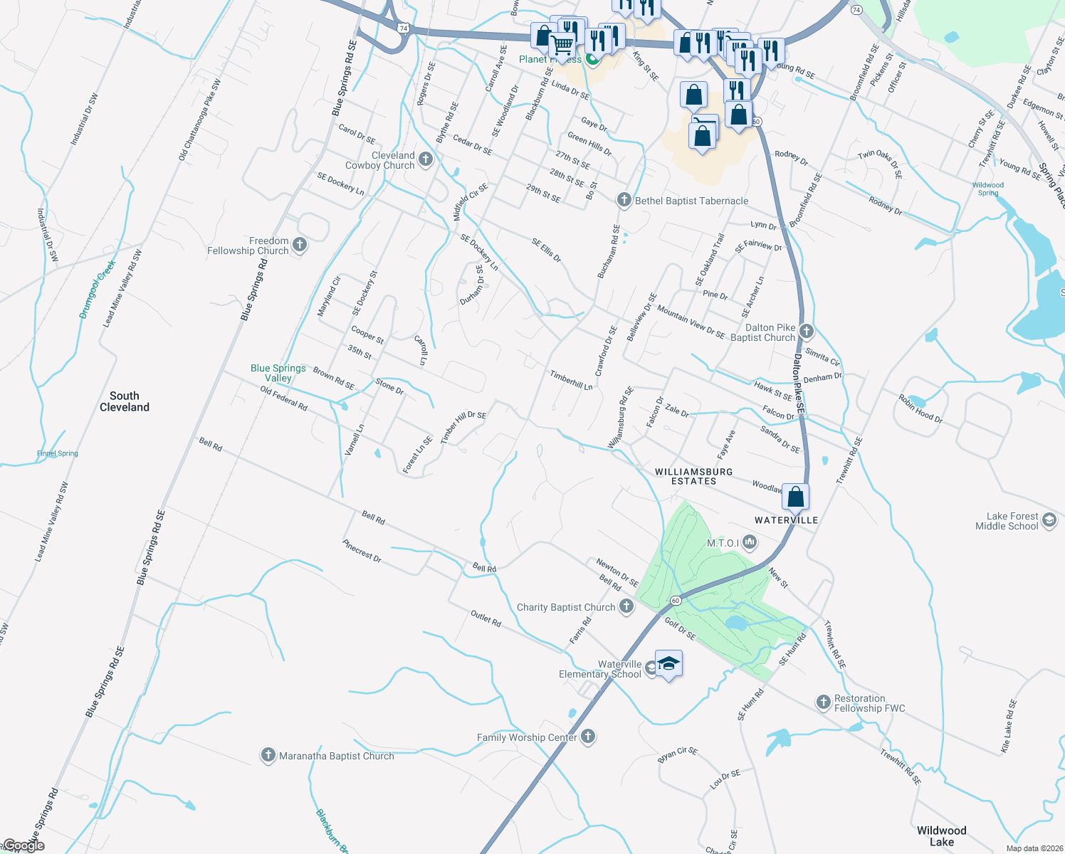 map of restaurants, bars, coffee shops, grocery stores, and more near 3515 Buchanan Road Southeast in Cleveland