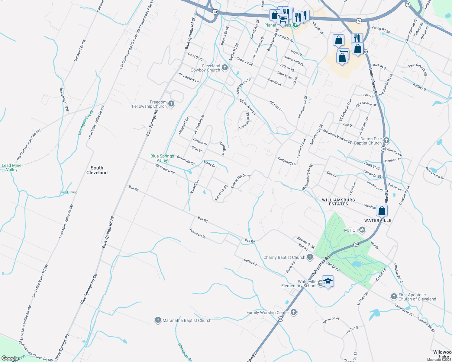 map of restaurants, bars, coffee shops, grocery stores, and more near 3665 Forest Lane Southeast in Cleveland