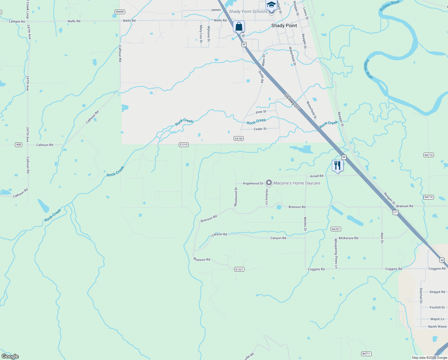 map of restaurants, bars, coffee shops, grocery stores, and more near 28296 Sluggo Lane in Poteau