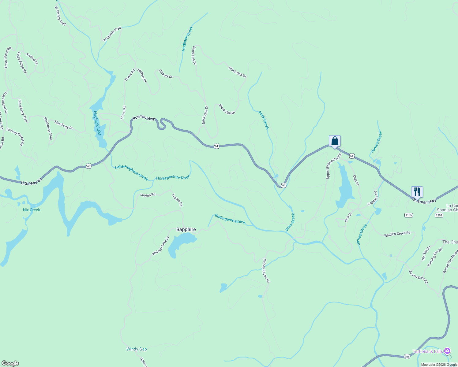 map of restaurants, bars, coffee shops, grocery stores, and more near 204 Rhododendron Court in Sapphire