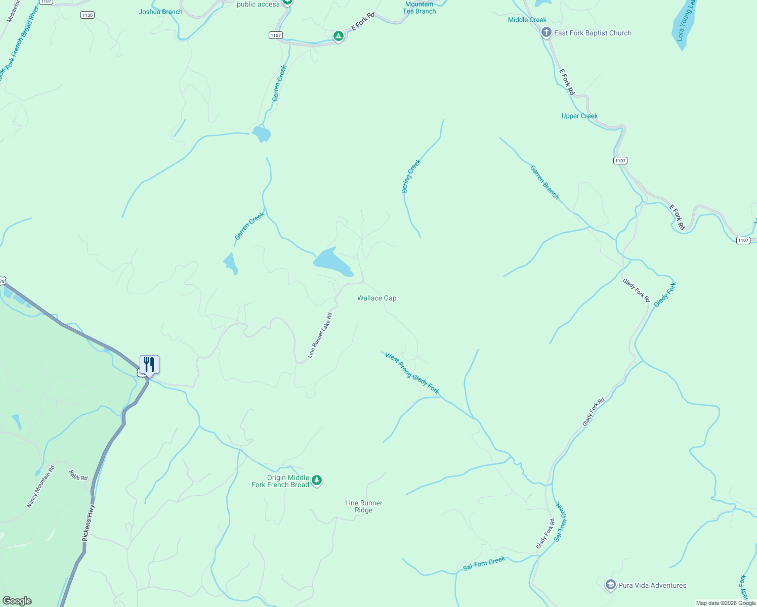 map of restaurants, bars, coffee shops, grocery stores, and more near 159 Willow Lane in Rosman