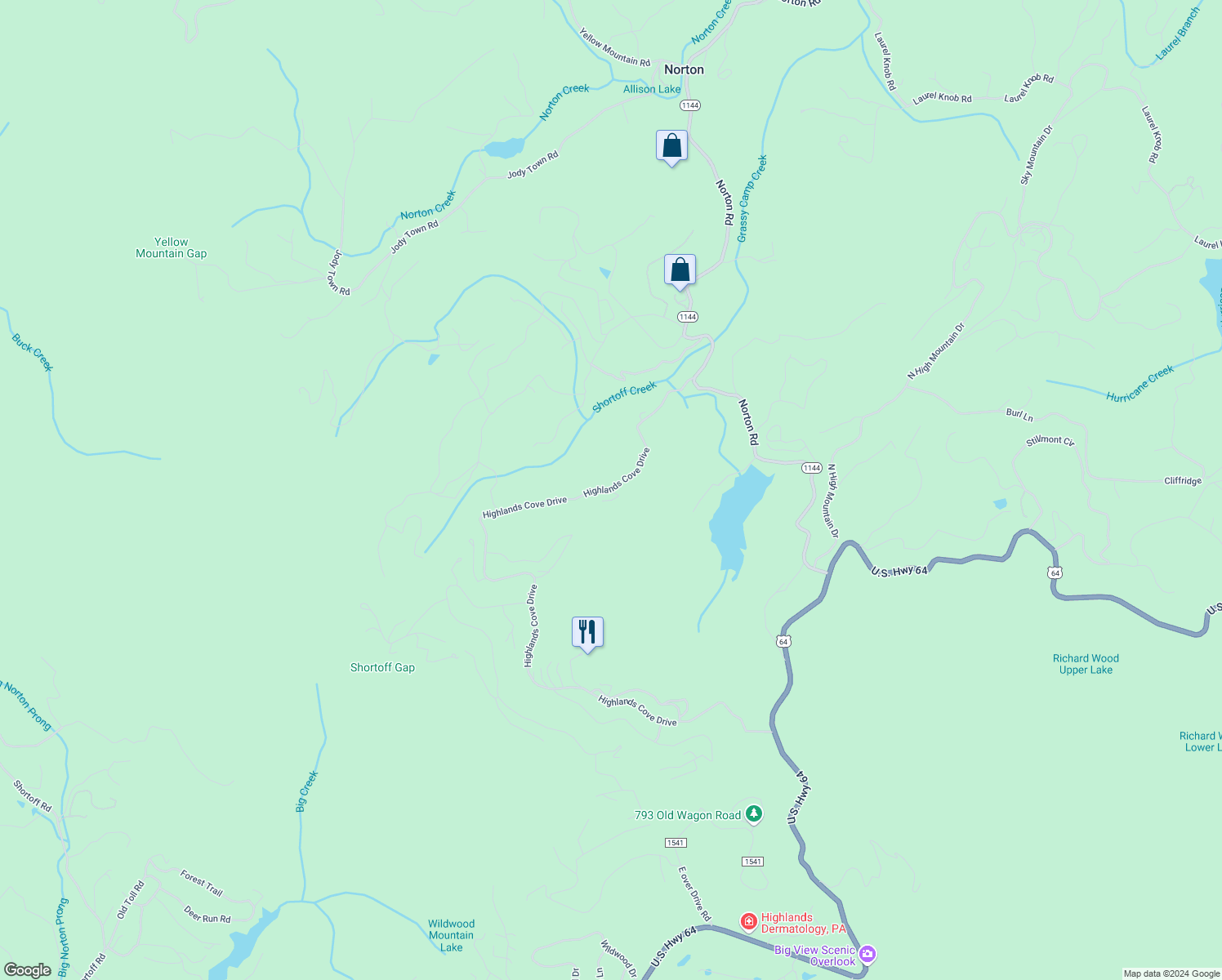 map of restaurants, bars, coffee shops, grocery stores, and more near Highlands Cove Drive in Cashiers