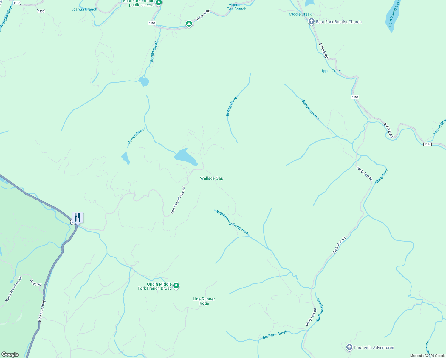 map of restaurants, bars, coffee shops, grocery stores, and more near 159 Willow Lane in Rosman