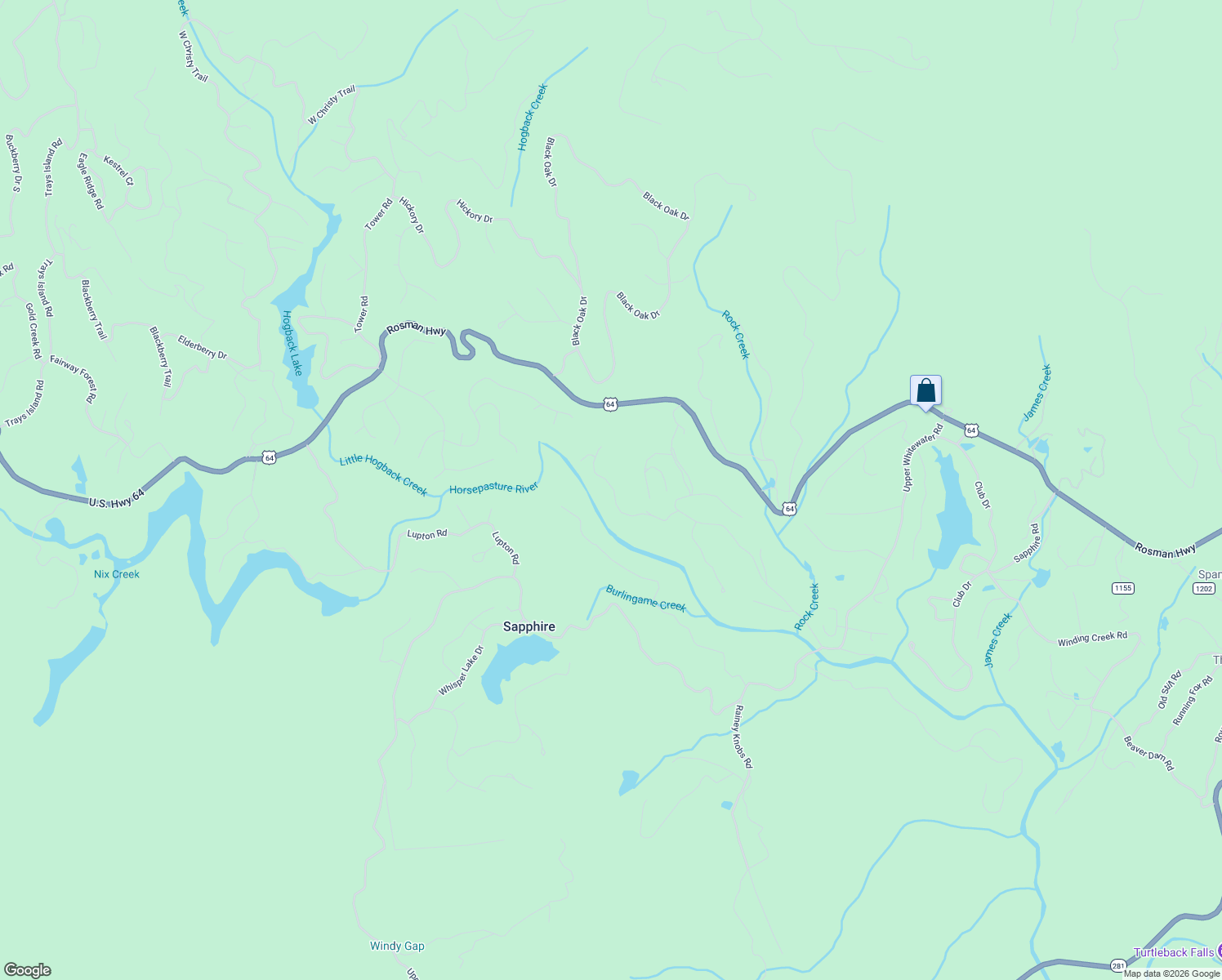 map of restaurants, bars, coffee shops, grocery stores, and more near 150 Rhododendron Run in Sapphire