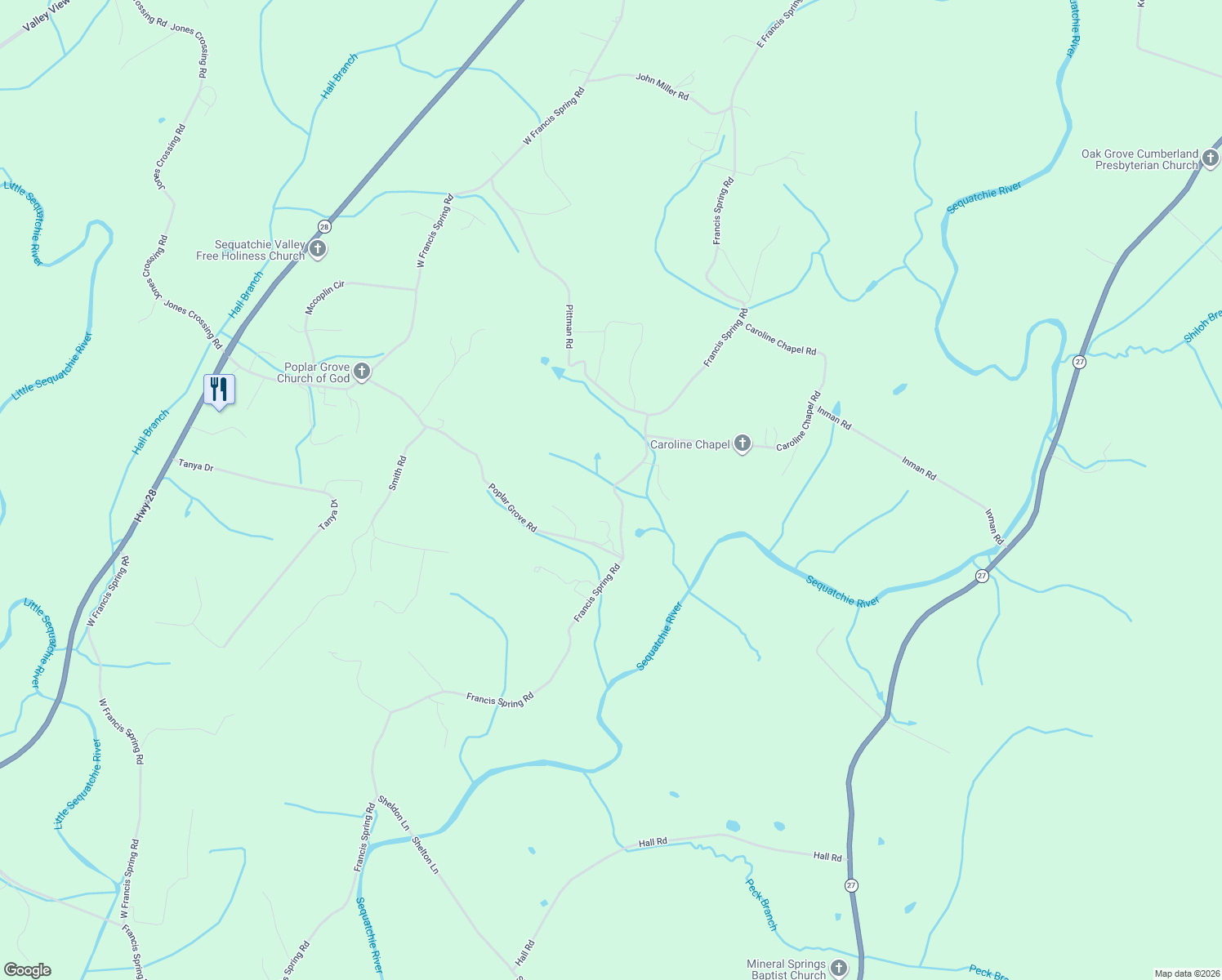 map of restaurants, bars, coffee shops, grocery stores, and more near 5555 Francis Spring Road in Whitwell