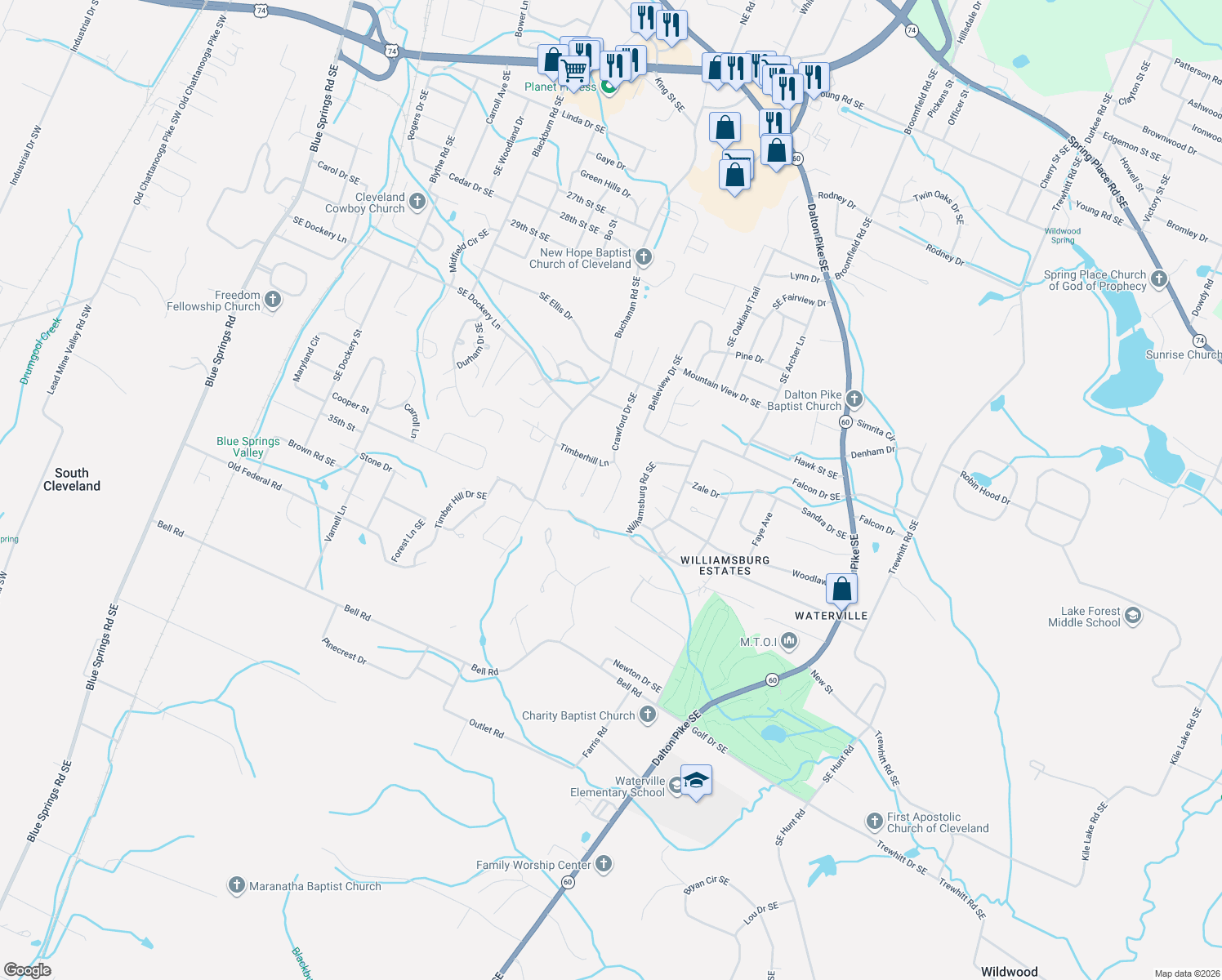 map of restaurants, bars, coffee shops, grocery stores, and more near 3515 Woodridge Drive in Cleveland