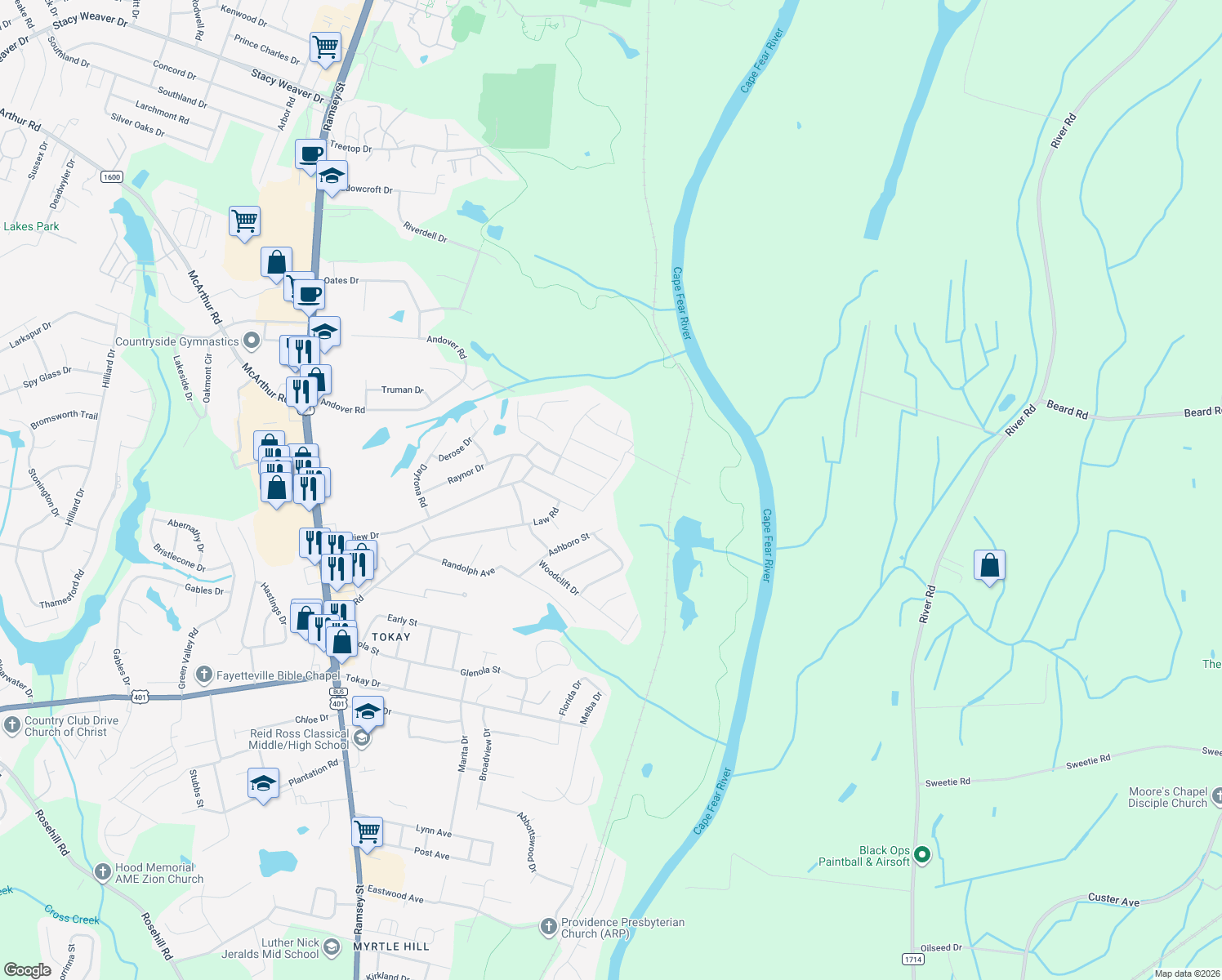 map of restaurants, bars, coffee shops, grocery stores, and more near 804 Longview Dr Exd in Fayetteville