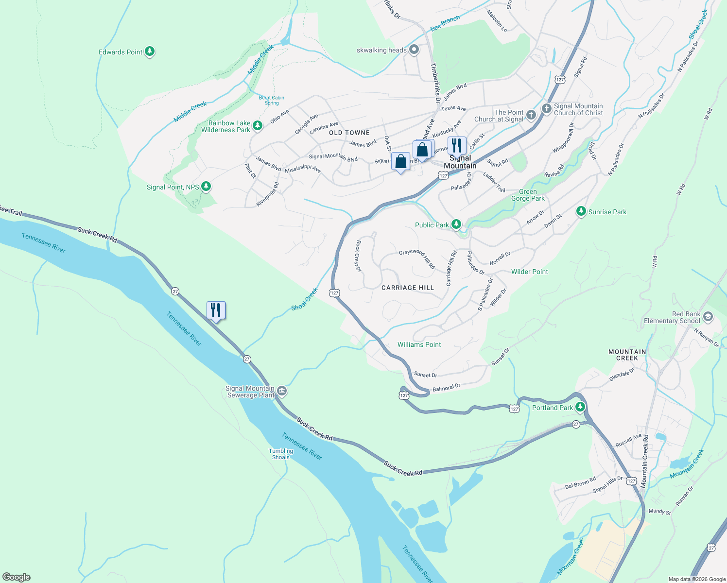 map of restaurants, bars, coffee shops, grocery stores, and more near 4 Stonepoint Lane in Signal Mountain