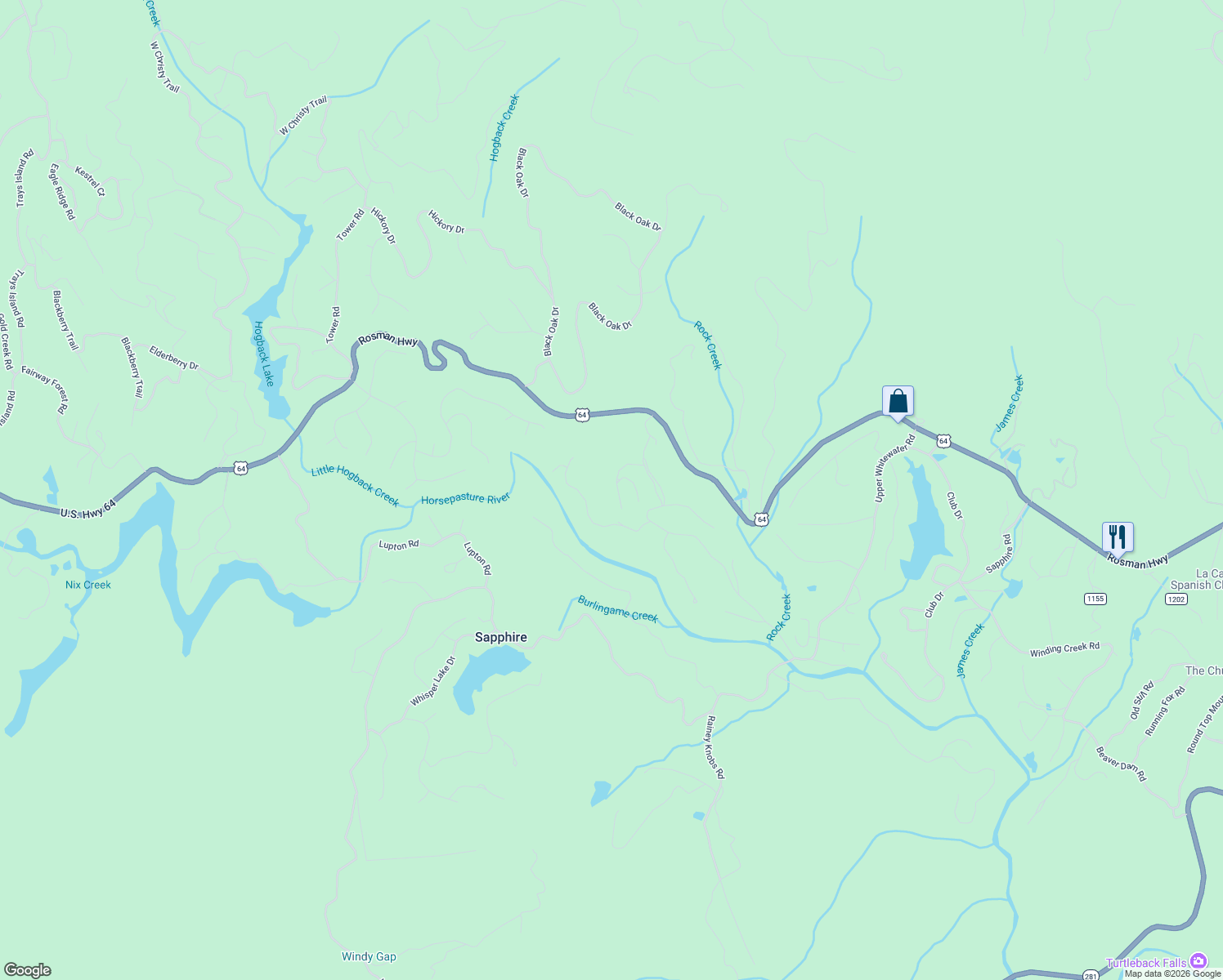 map of restaurants, bars, coffee shops, grocery stores, and more near 150 Rhododendron Court in Sapphire