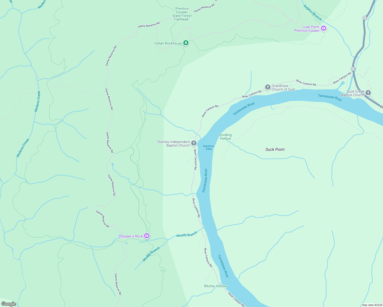 map of restaurants, bars, coffee shops, grocery stores, and more near 20045 River Canyon Road in Chattanooga