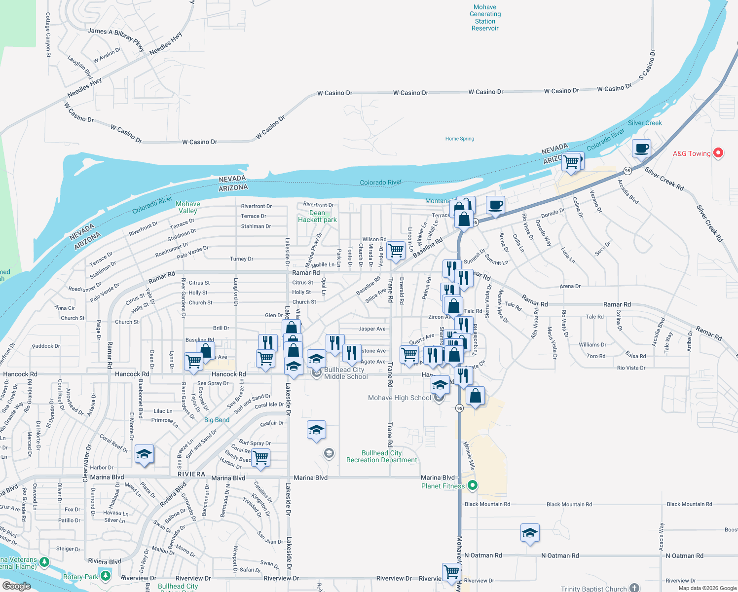 map of restaurants, bars, coffee shops, grocery stores, and more near 1211 Silica Ave in Bullhead City