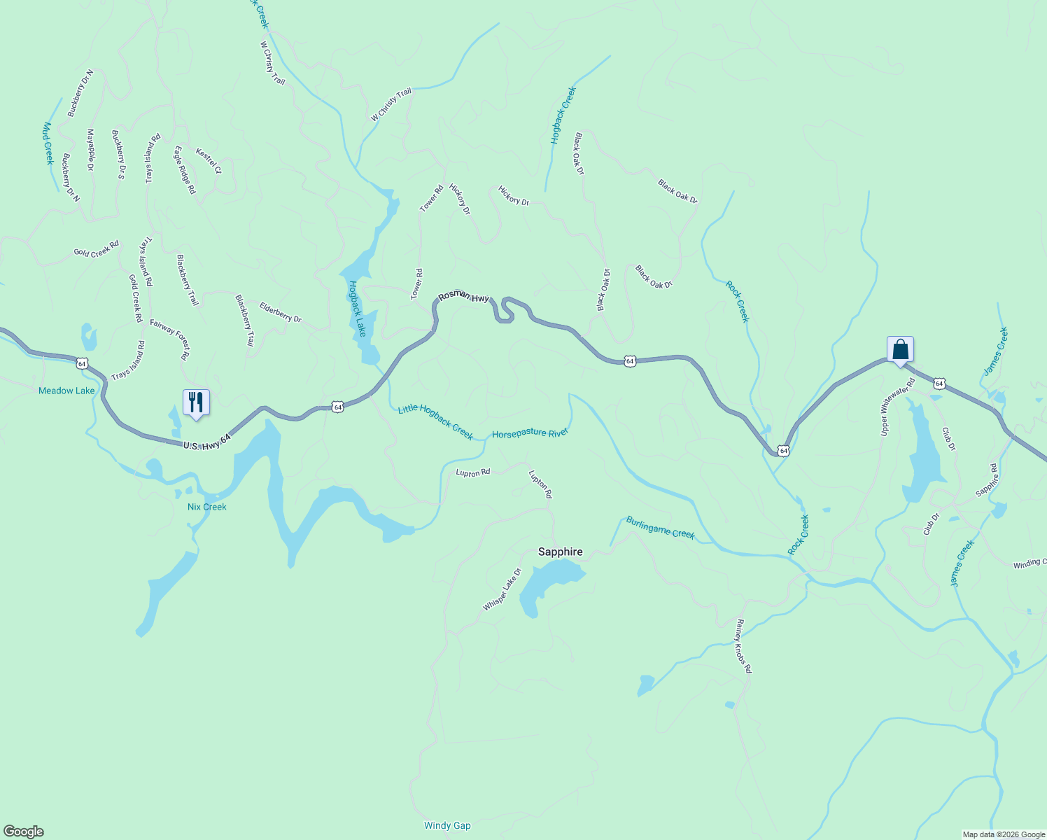 map of restaurants, bars, coffee shops, grocery stores, and more near 516 Narrows Road in Sapphire