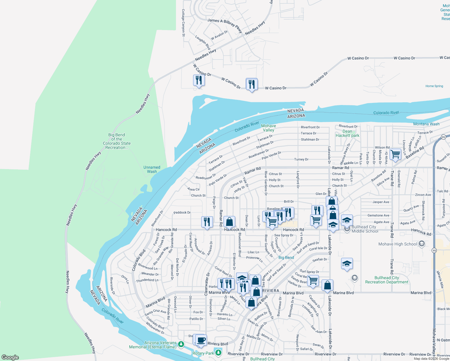 map of restaurants, bars, coffee shops, grocery stores, and more near 573 Ramar Road in Bullhead City