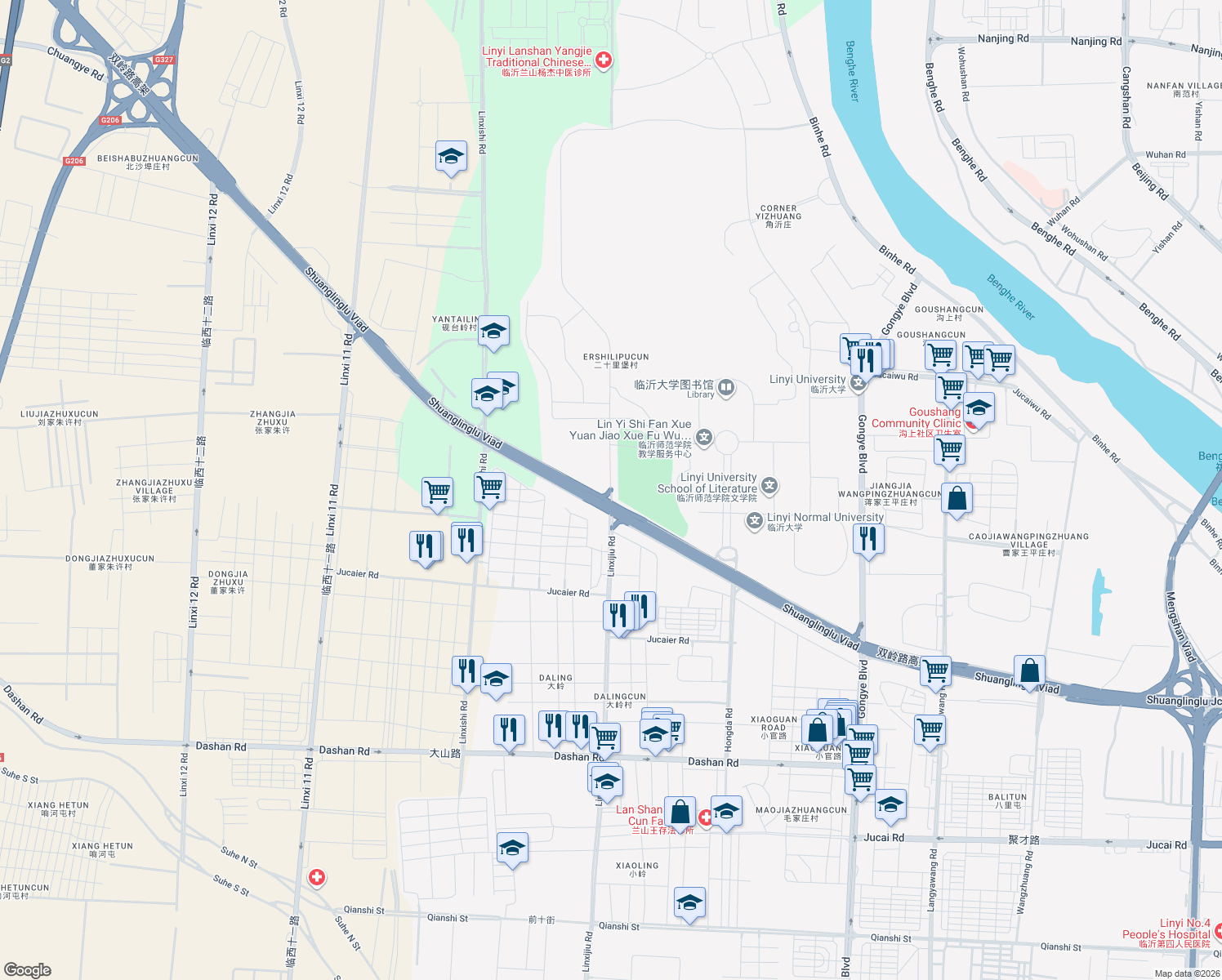 map of restaurants, bars, coffee shops, grocery stores, and more near Shuang Ling Lu in Lin Yi Shi