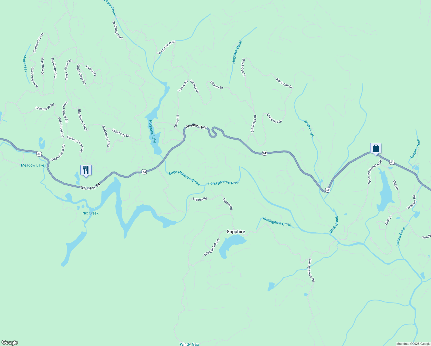 map of restaurants, bars, coffee shops, grocery stores, and more near 516 Narrows Road in Sapphire