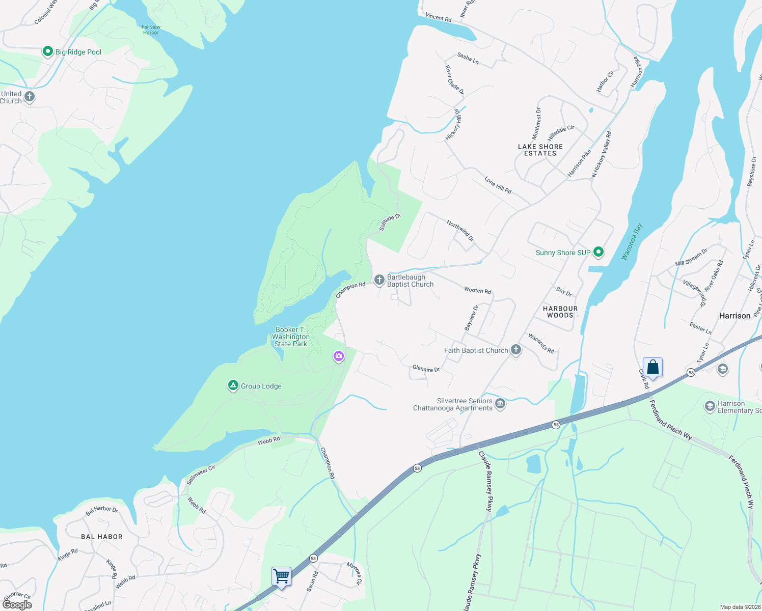 map of restaurants, bars, coffee shops, grocery stores, and more near 6128 Champion Road in Chattanooga