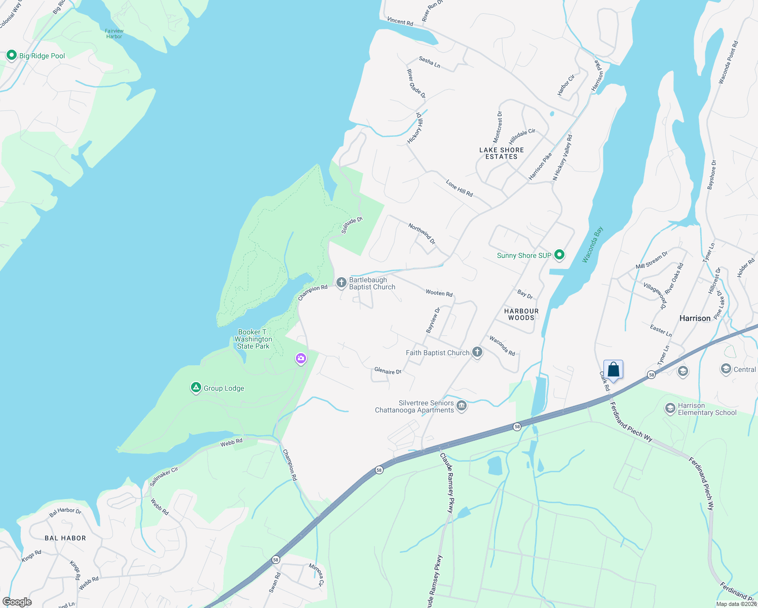 map of restaurants, bars, coffee shops, grocery stores, and more near 112 Jamestown Road in Chattanooga
